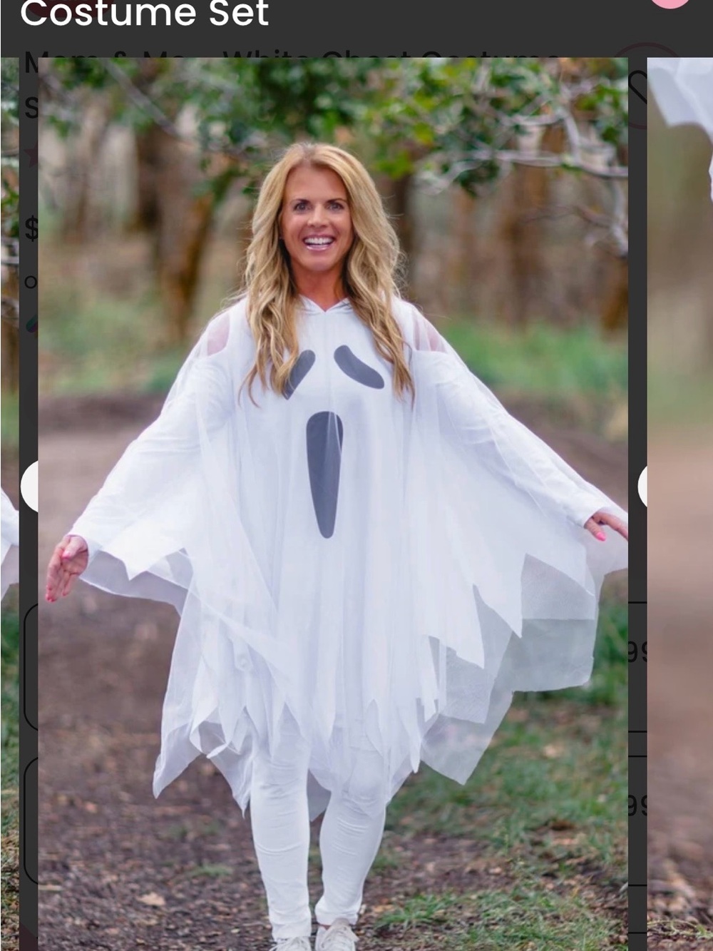 Women's White Hooded Scream Ghost Tulle Poncho Costume Set with Hood and Pants